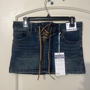 Indigo Ren Vintage Wash Denim Mini Skirt Brown Lace Up Women Sz 3/25 NWT